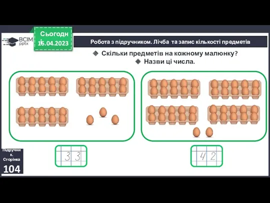 16.04.2023 Сьогодні Робота з підручником. Лічба та запис кількості предметів