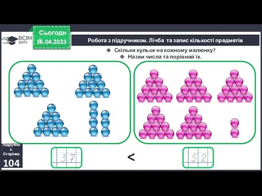 16.04.2023 Сьогодні Робота з підручником. Лічба та запис кількості предметів