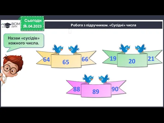 16.04.2023 Сьогодні Робота з підручником. «Сусідні» числа Назви «сусідів» кожного