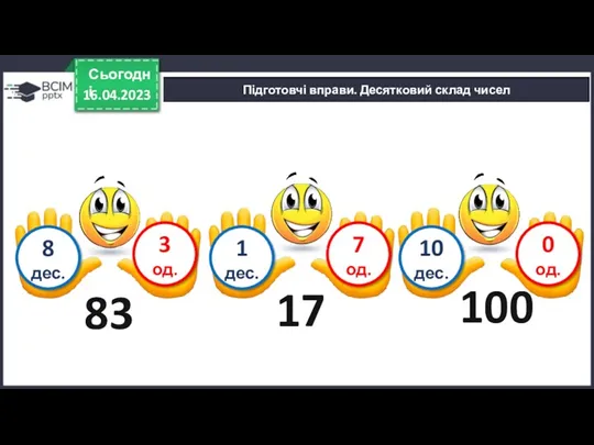 16.04.2023 Сьогодні 83 Підготовчі вправи. Десятковий склад чисел 8 дес.