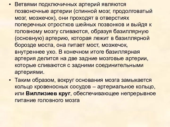 Ветвями подключичных артерий являются позвоночные артерии (спинной мозг, продолговатый мозг,