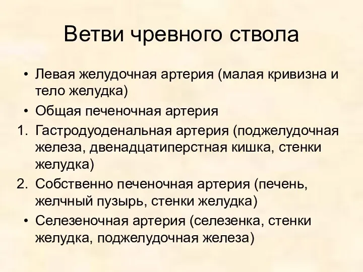 Ветви чревного ствола Левая желудочная артерия (малая кривизна и тело