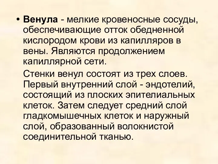 Венула - мелкие кровеносные сосуды, обеспечивающие отток обедненной кислородом крови