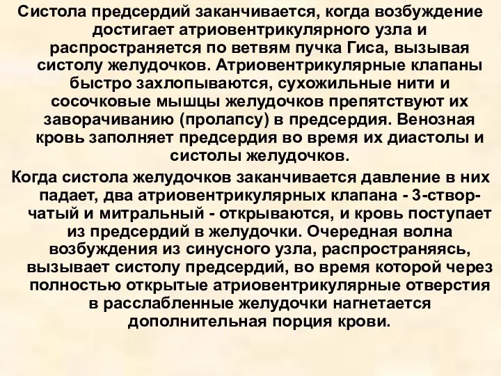 Систола предсердий заканчивается, когда возбуждение достигает атриовентрикулярного узла и распространяется