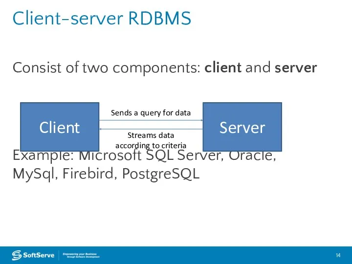 Consist of two components: client and server Example: Microsoft SQL