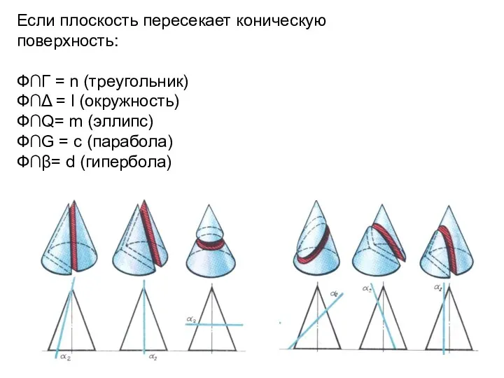 Если плоскость пересекает коническую поверхность: Ф∩Г = n (треугольник) Ф∩Δ