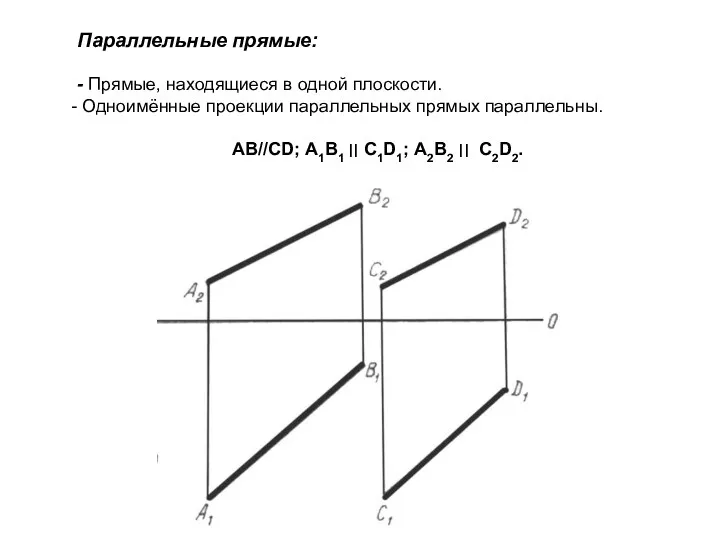 Параллельные прямые: - Прямые, находящиеся в одной плоскости. Одноимённые проекции