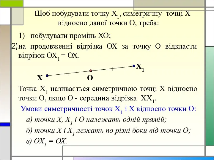 Щоб побудувати точку Х1, симетричну точці Х відносно даної точки