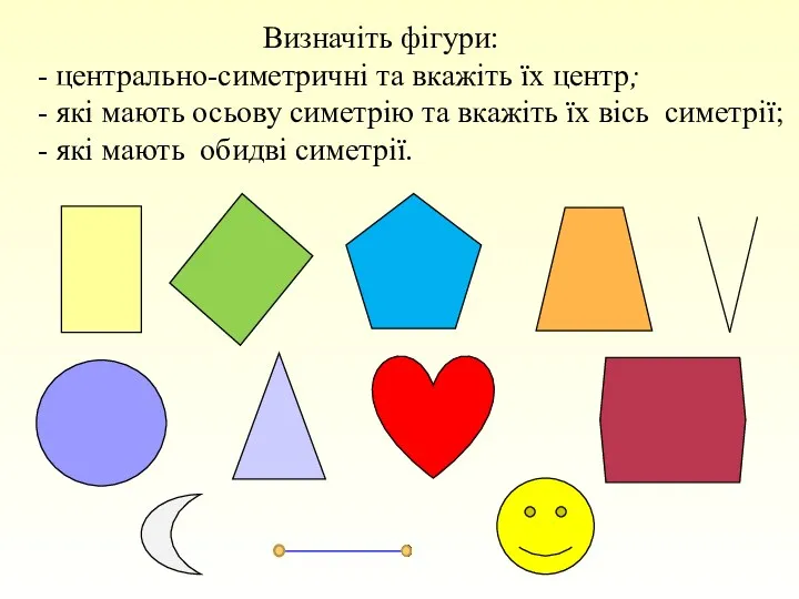 Визначіть фігури: - центрально-симетричні та вкажіть їх центр; - які