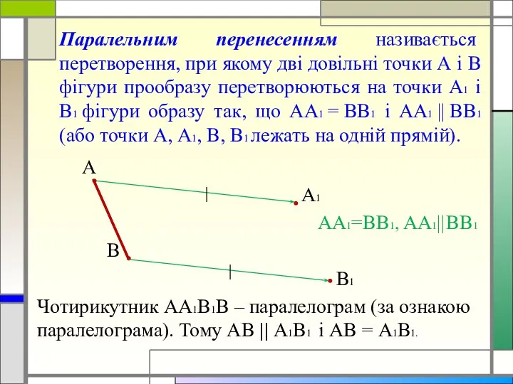 Паралельним перенесенням називається перетворення, при якому дві довільні точки А