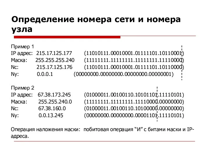 Определение номера сети и номера узла Пример 1 IP адрес: 215.17.125.177 (11010111.00010001.01111101.10110001) Маска:
