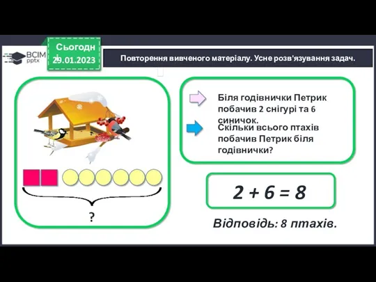 29.01.2023 Сьогодні Біля годівнички Петрик побачив 2 снігурі та 6