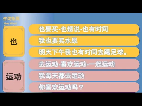 也要买-也想说-也有时间 我也要买水果 明天下午我也有时间去踢足球。 生词拓展 New Word Expansion 去运动-喜欢运动-一起运动 我每天都去运动 你喜欢运动吗？