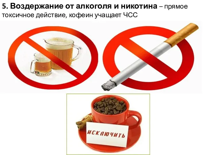 5. Воздержание от алкоголя и никотина – прямое токсичное действие, кофеин учащает ЧСС