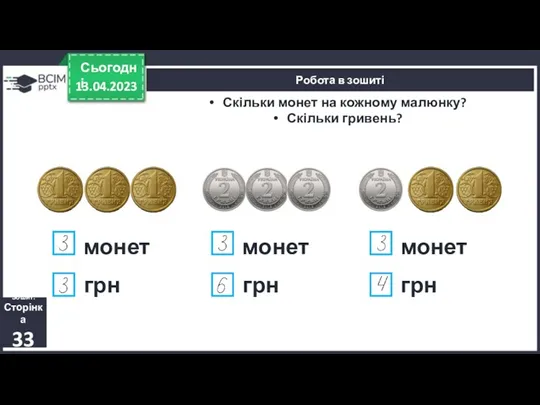 13.04.2023 Сьогодні Робота в зошиті Зошит. Сторінка 33 Скільки монет