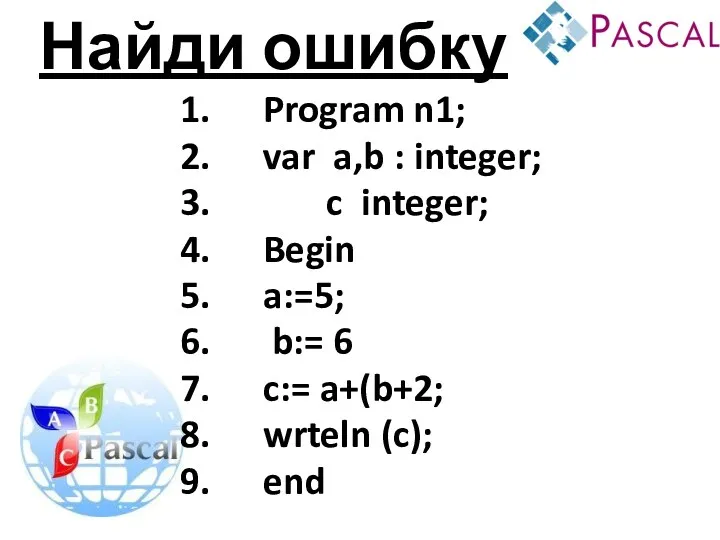 Найди ошибку Program n1; var a,b : integer; c integer;