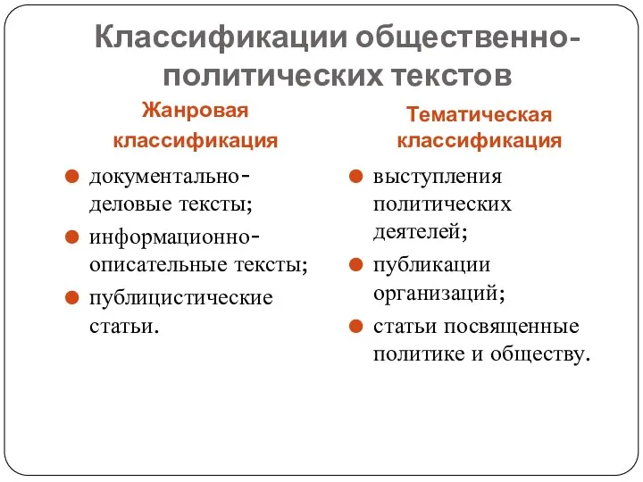 Классификации общественно-политических текстов Жанровая классификация Тематическая классификация документально-деловые тексты; информационно-описательные