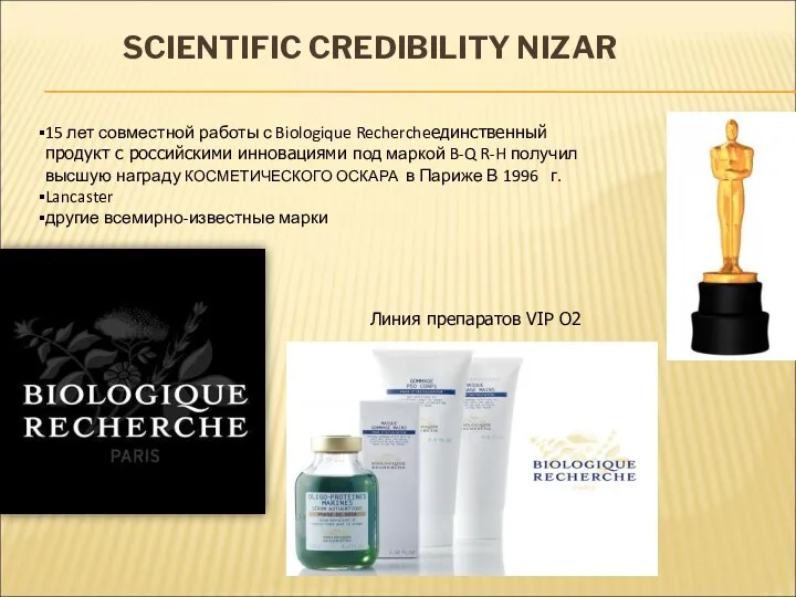 SCIENTIFIC CREDIBILITY NIZAR 15 лет совместной работы с Biologique Rechercheединственный