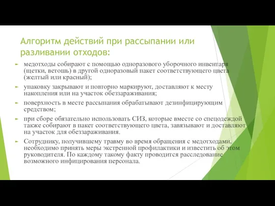 Алгоритм действий при рассыпании или разливании отходов: медотходы собирают с