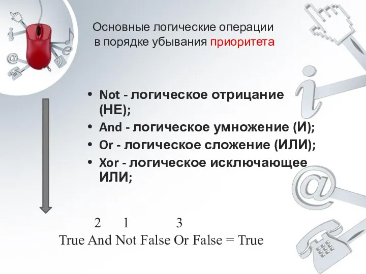 Основные логические операции в порядке убывания приоритета Not - логическое