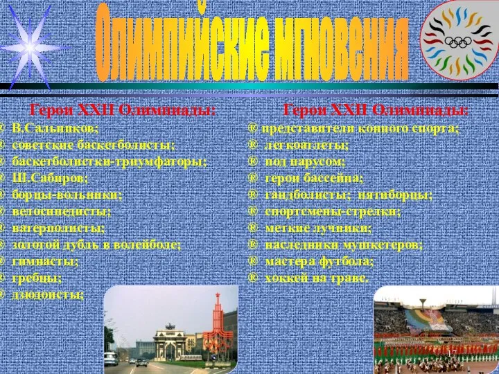 Олимпийские мгновения Герои XXII Олимпиады: В.Сальников; советские баскетболисты; баскетболистки-триумфаторы; Ш.Сабиров;