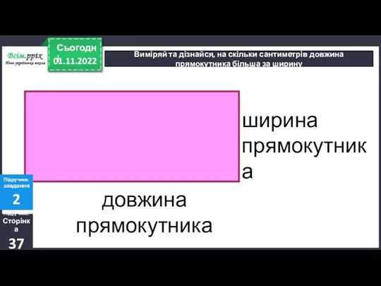 01.11.2022 Сьогодні Виміряй та дізнайся, на скільки сантиметрів довжина прямокутника