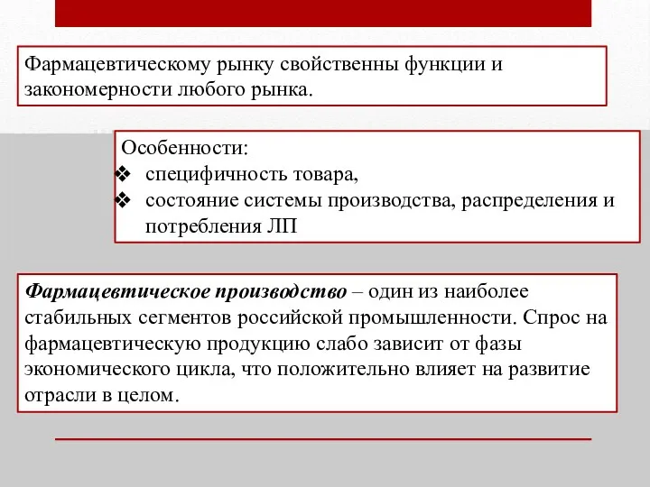 Фармацевтическому рынку свойственны функции и закономерности любого рынка. Особенности: специфичность