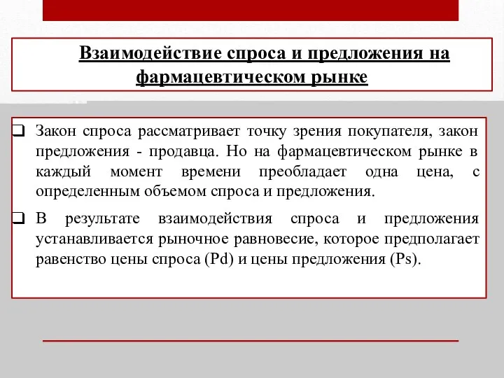 Взаимодействие спроса и предложения на фармацевтическом рынке Закон спроса рассматривает