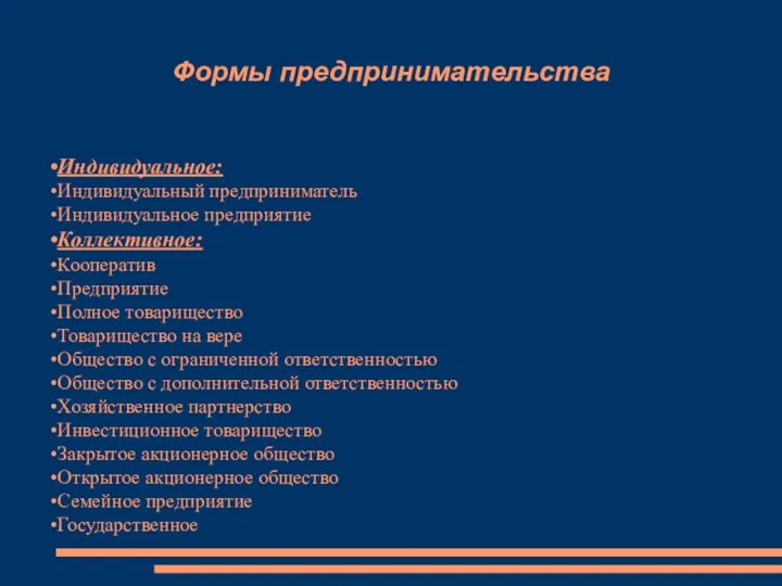 Формы предпринимательства Индивидуальное: Индивидуальный предприниматель Индивидуальное предприятие Коллективное: Кооператив Предприятие