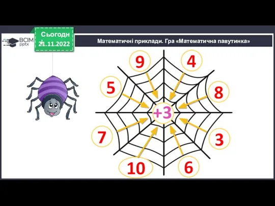 21.11.2022 Сьогодні Математичні приклади. Гра «Математична павутинка» 6 1 5