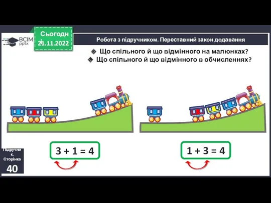 21.11.2022 Сьогодні Підручник. Сторінка 40 Робота з підручником. Переставний закон