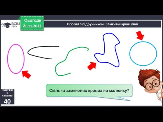 21.11.2022 Сьогодні Підручник. Сторінка 40 Робота з підручником. Замкнені криві лінії Скільки замкнених кривих на малюнку?