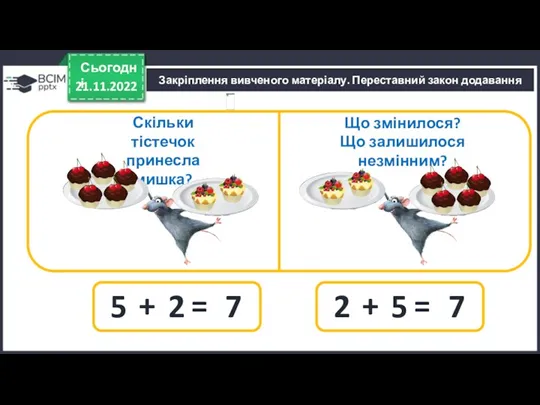21.11.2022 Сьогодні Закріплення вивченого матеріалу. Переставний закон додавання Скільки тістечок