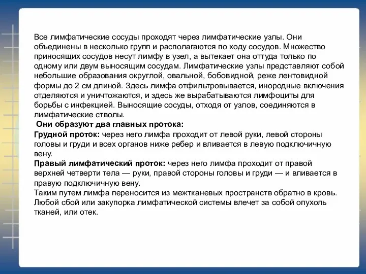 Все лимфатические сосуды проходят через лимфатические узлы. Они объединены в