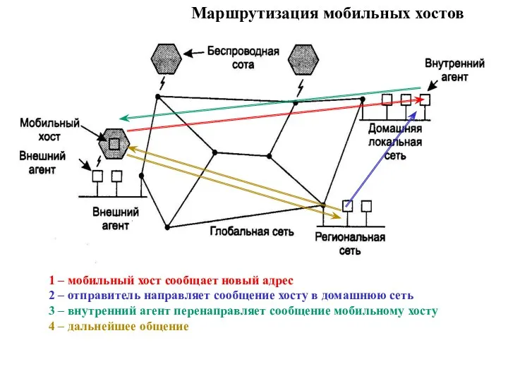 Маршрутизация мобильных хостов 1 – мобильный хост сообщает новый адрес