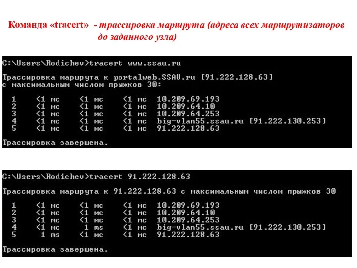 Команда «tracert» - трассировка маршрута (адреса всех маршрутизаторов до заданного узла)