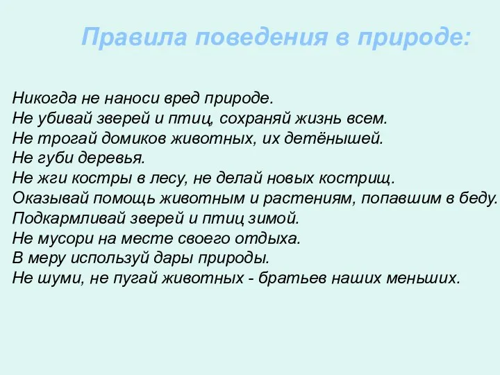 Никогда не наноси вред природе. Не убивай зверей и птиц,