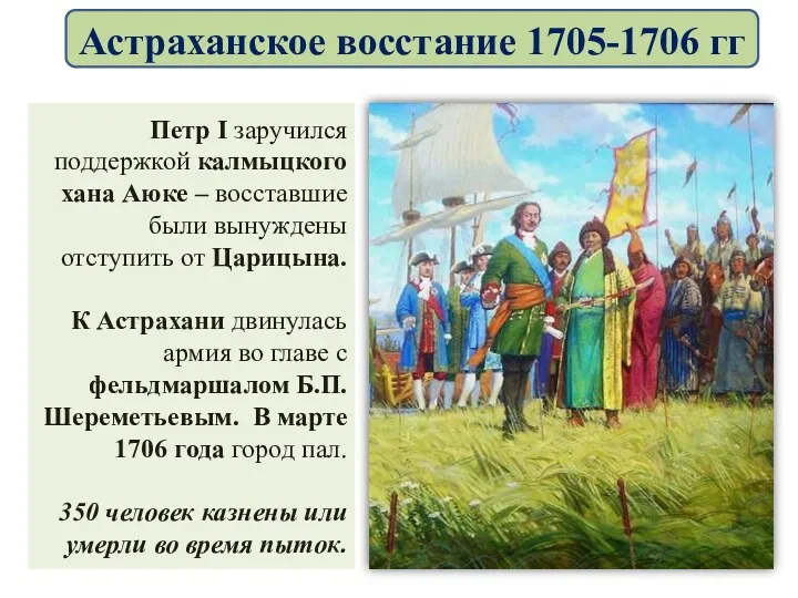 Петр I заручился поддержкой калмыцкого хана Аюке – восставшие были