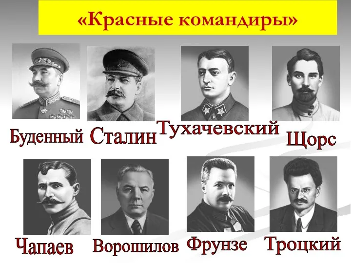 «Красные командиры» Буденный Сталин Фрунзе Тухачевский Щорс Чапаев Ворошилов Троцкий