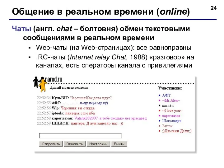 Общение в реальном времени (online) Чаты (англ. chat – болтовня)