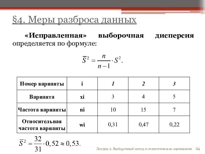 §4. Меры разброса данных Лекция 9. Выборочный метод и статистическое оценивание «Исправленная» выборочная