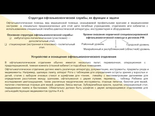 Структура офтальмологической службы, ее функции и задачи Офтальмологическая помощь вид