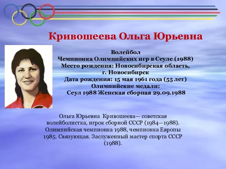 Кривошеева Ольга Юрьевна Волейбол Чемпионка Олимпийских игр в Сеуле (1988)