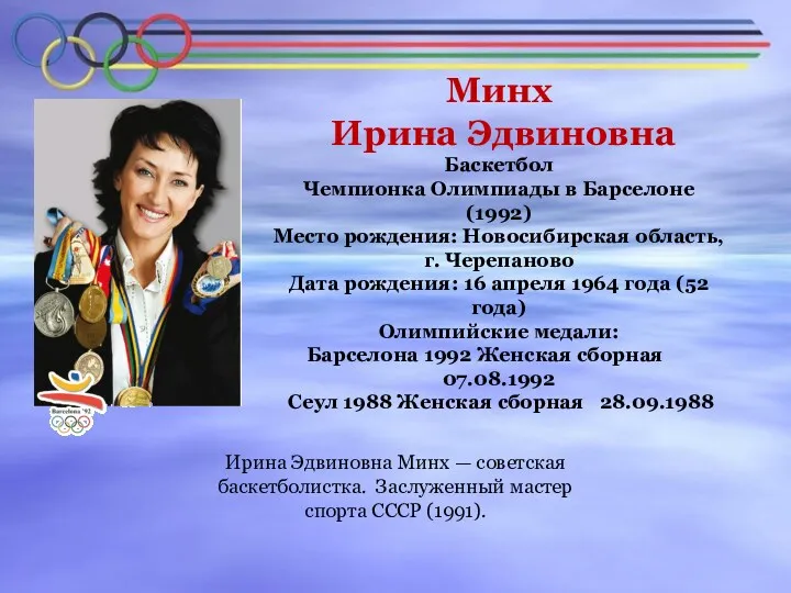 Минх Ирина Эдвиновна Баскетбол Чемпионка Олимпиады в Барселоне (1992) Место