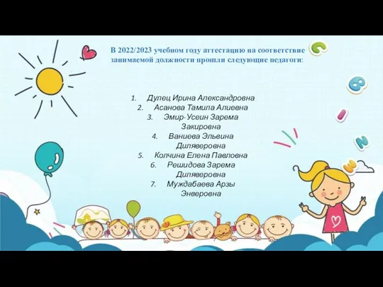 В 2022/2023 учебном году аттестацию на соответствие занимаемой должности прошли следующие педагоги: Дулец