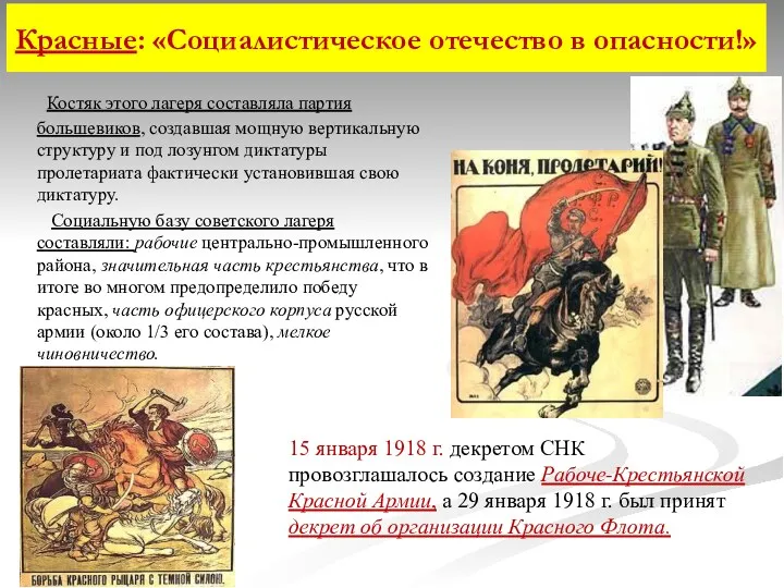 Красные: «Социалистическое отечество в опасности!» Костяк этого лагеря составляла партия большевиков, создавшая мощную