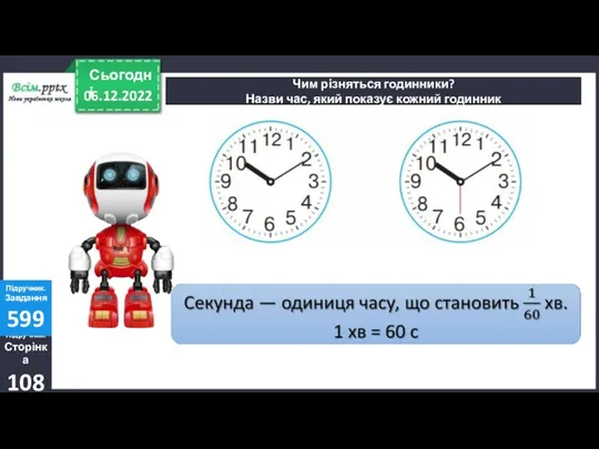 06.12.2022 Сьогодні Чим різняться годинники? Назви час, який показує кожний