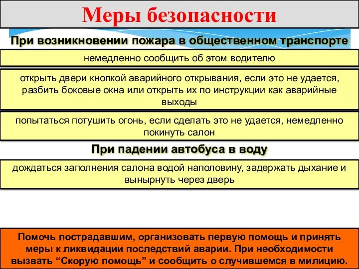 Меры безопасности Помочь пострадавшим, организовать первую помощь и принять меры