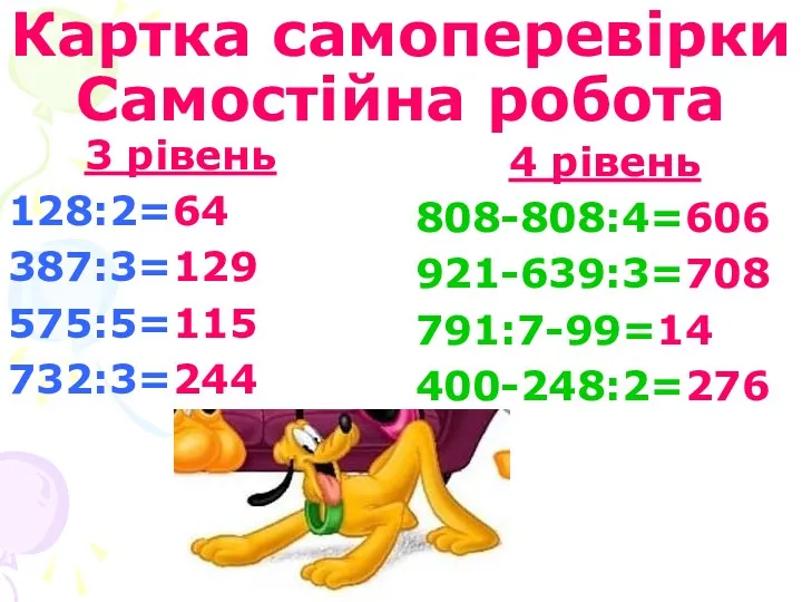 Картка самоперевірки Самостійна робота 3 рівень 128:2=64 387:3=129 575:5=115 732:3=244 4 рівень 808-808:4=606 921-639:3=708 791:7-99=14 400-248:2=276