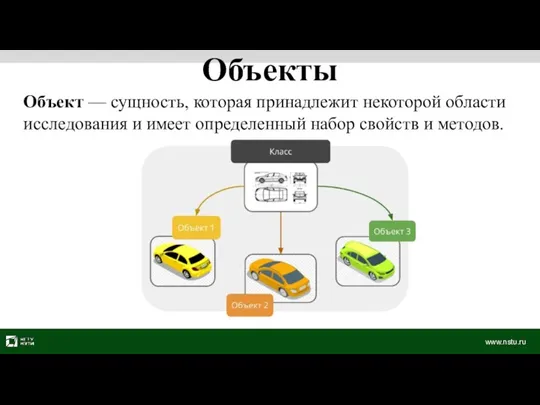 Объекты Объект — сущность, которая принадлежит некоторой области исследования и имеет определенный набор свойств и методов.